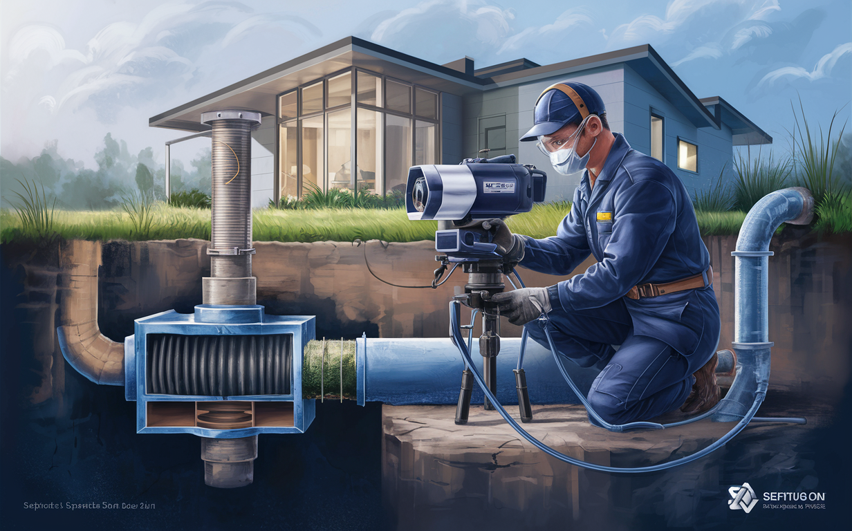 A technician wearing protective gear inspects a septic system with a camera, ensuring proper function and maintenance of the residential septic tank and pipes.