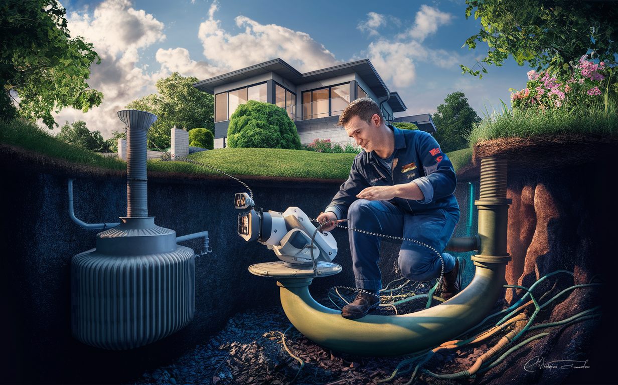 A technician in a uniform is conducting a camera inspection on a septic system pipe, with a modern house and landscaping visible in the background.