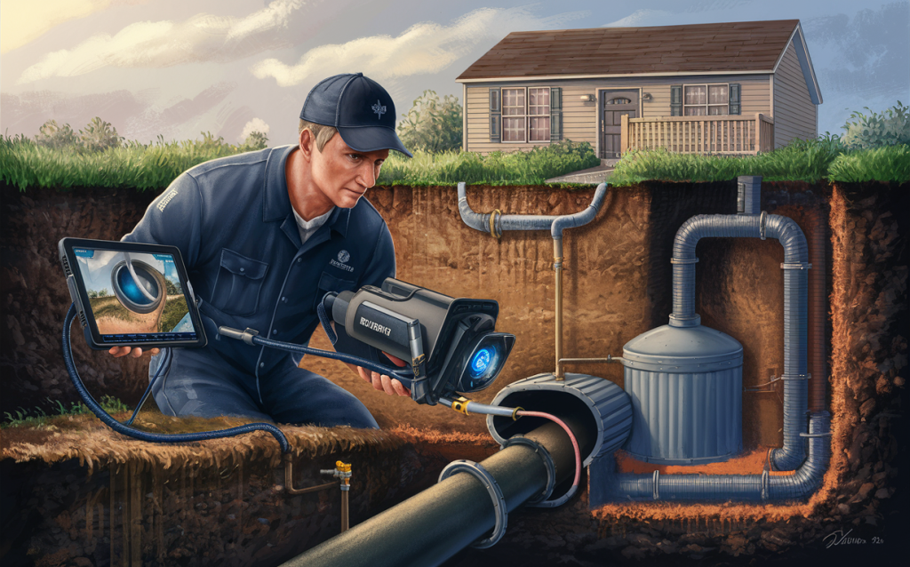 A technician using a camera system to inspect and assess the condition of a residential septic system's pipes and components, ensuring proper function and identifying any issues that need to be addressed.