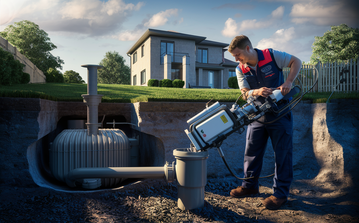 A worker wearing a uniform is using specialized equipment to perform a camera inspection on a residential septic system near a modern house.