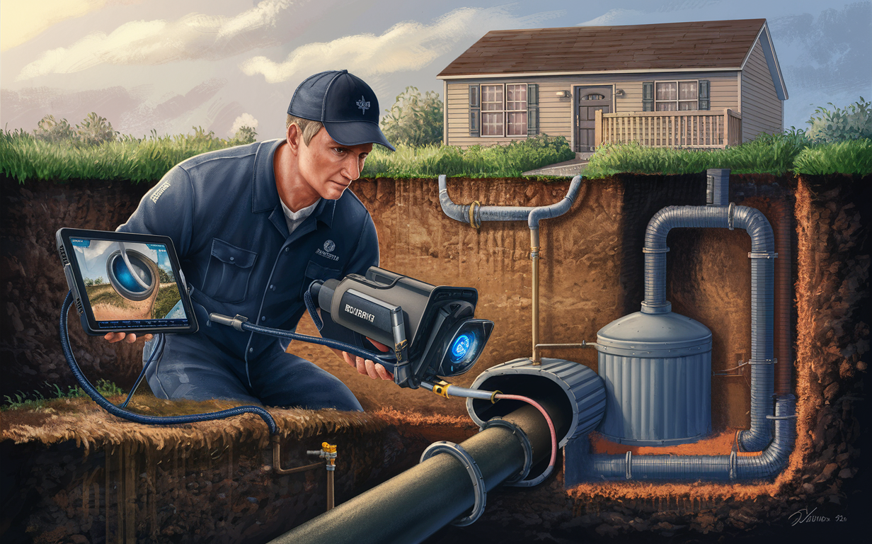 A technician uses a camera system to inspect and assess the condition of underground septic pipes near a residential home.