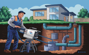 A technician in uniform inspecting and maintaining a residential septic system using specialized equipment and cameras to assess the pipes and tanks
