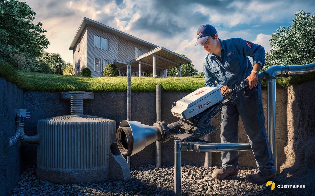 A technician in uniform inspecting a residential septic system with a specialized camera equipment, with a modern house in the background