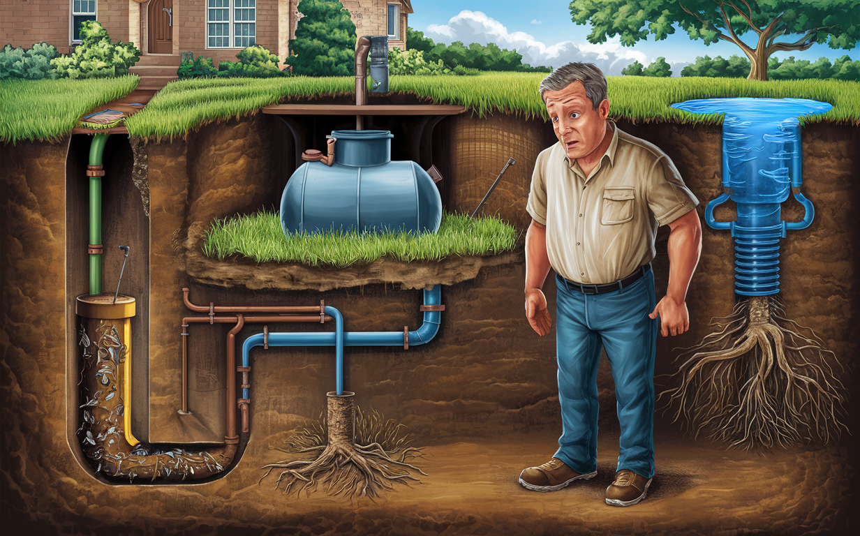 An illustration depicting a residential septic system failure, with sewage leaking from the tank and drain field, potentially contaminating the surrounding soil and groundwater. An older man is shown inspecting the problem, suggesting the need for septic system maintenance and repair to prevent environmental damage.