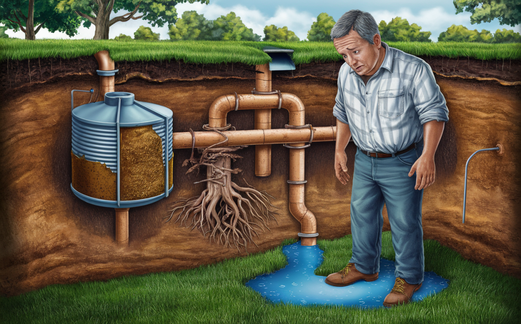 An illustration depicting a person inspecting a septic system with pipes, a septic tank, and a drainage field with exposed roots, highlighting the importance of proper maintenance and addressing potential problems.