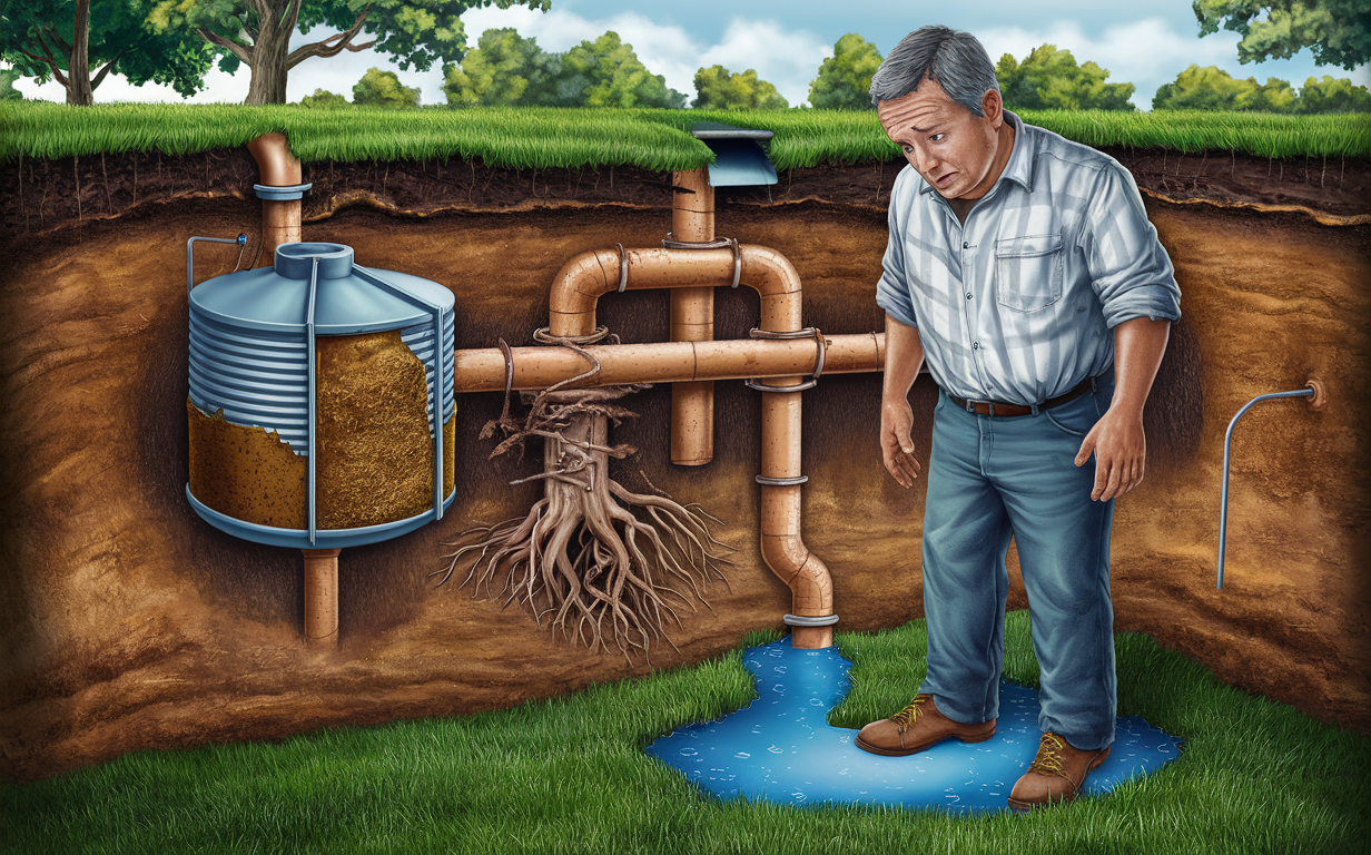 An illustration depicting a person inspecting a septic system with pipes, a septic tank, and a drainage field with exposed roots, highlighting the importance of proper maintenance and addressing potential problems. Common Septic System Problems