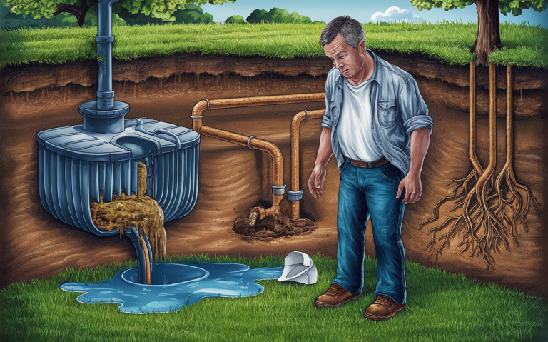 An illustration depicting a man examining a septic tank system with roots infiltrating the pipes, highlighting common septic system problems that need to be addressed and prevented. septic tank damage and leaks