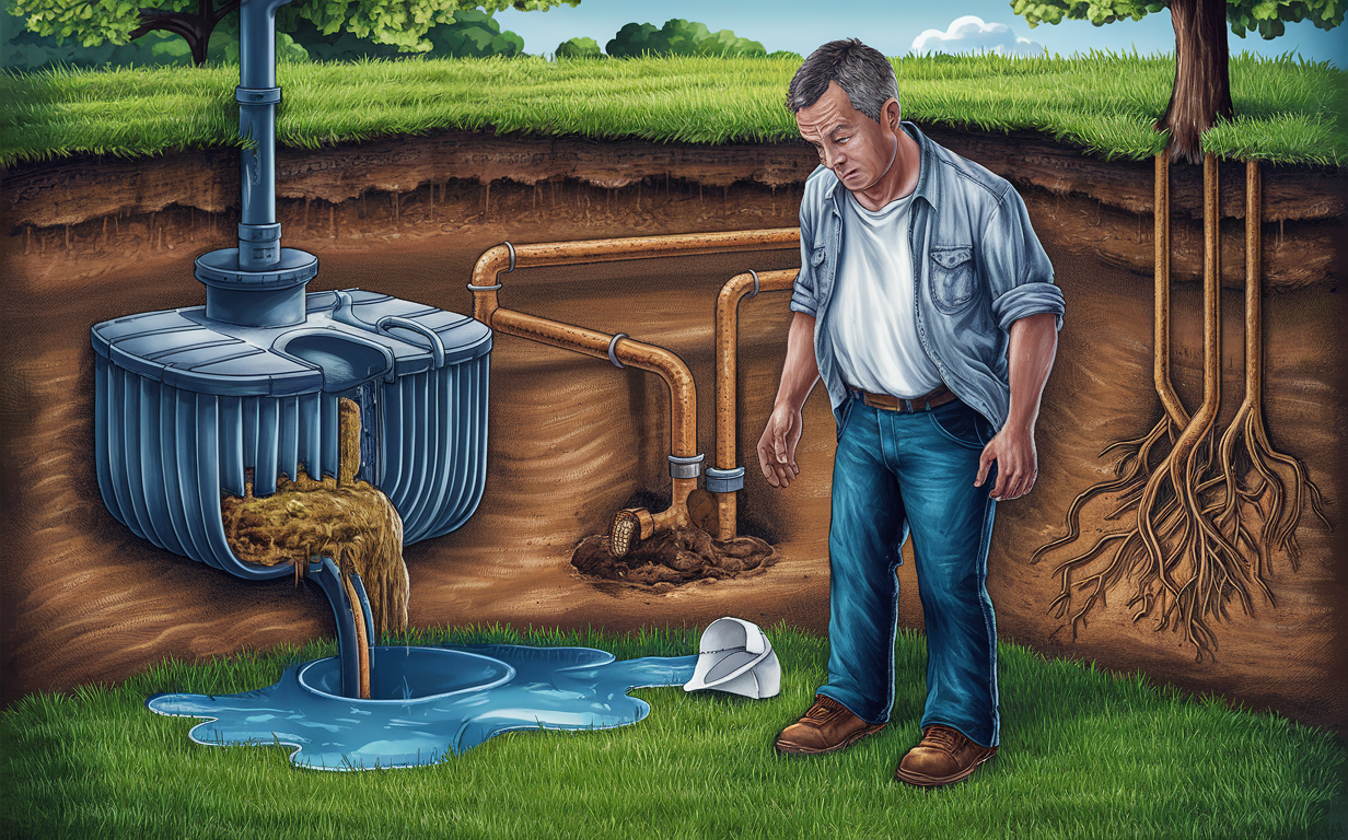 An illustration depicting a man examining a septic tank system with roots infiltrating the pipes, highlighting common septic system problems that need to be addressed and prevented. septic tank damage and leaks