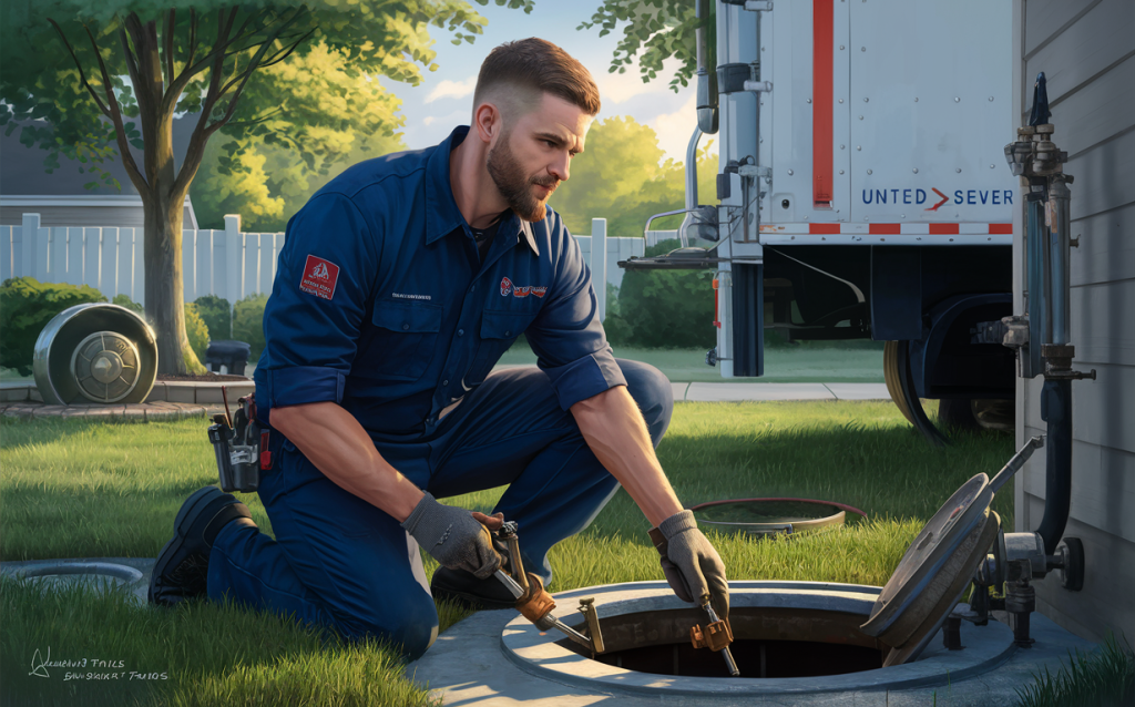 A skilled technician from United Sever Service, wearing a blue uniform, is performing maintenance on a septic system in a residential backyard setting with a utility truck in the background. troubleshooting lift station issues