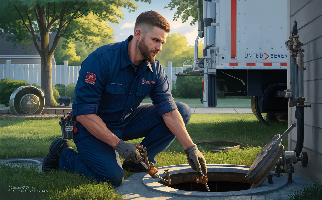 A skilled technician from United Sewer Service crouching down and working on repairing a residential septic system tank