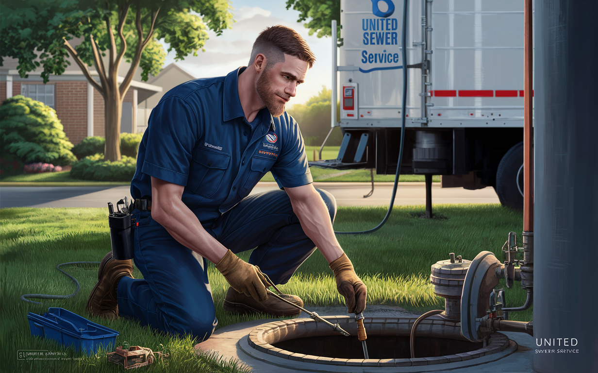 A skilled technician in a blue uniform, crouching beside a United Sever service truck, working on repairing or maintaining a septic system component in a residential neighborhood setting with trees and a white picket fence in the background.