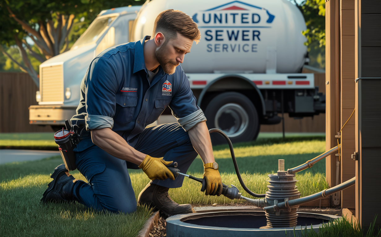 A skilled sewer service technician in uniform is crouched down, working on repairing an underground sewer pipe in a residential neighborhood with a United Sewer Service truck parked nearby.