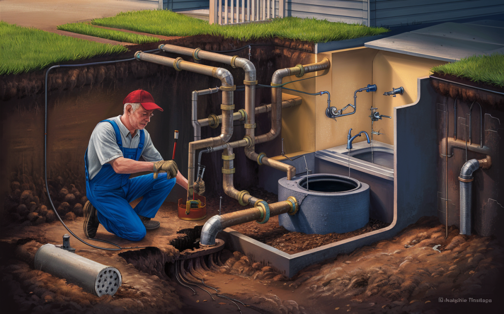 A plumber in overalls and red cap works on repairing the network of pipes connected to a septic tank, with grass and a building in the background.