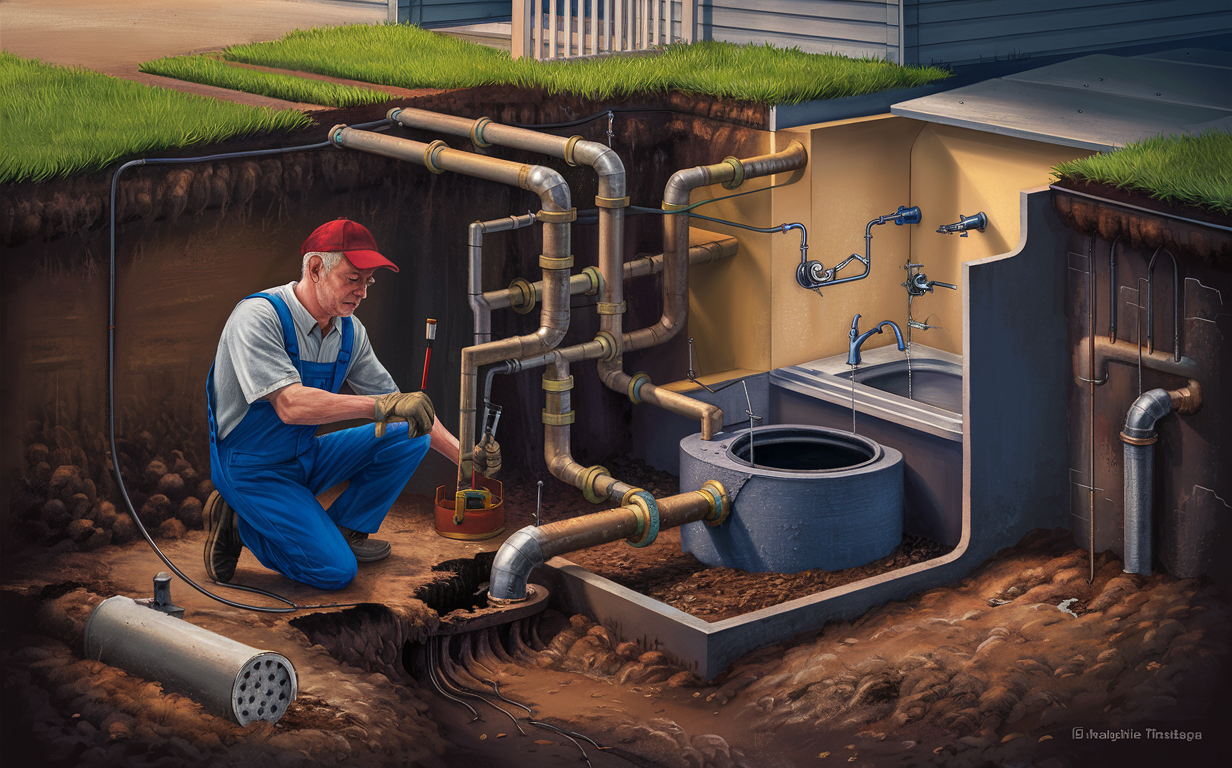 A plumber in overalls and red cap works on repairing the network of pipes connected to a septic tank, with grass and a building in the background.jet septic system united sewer service