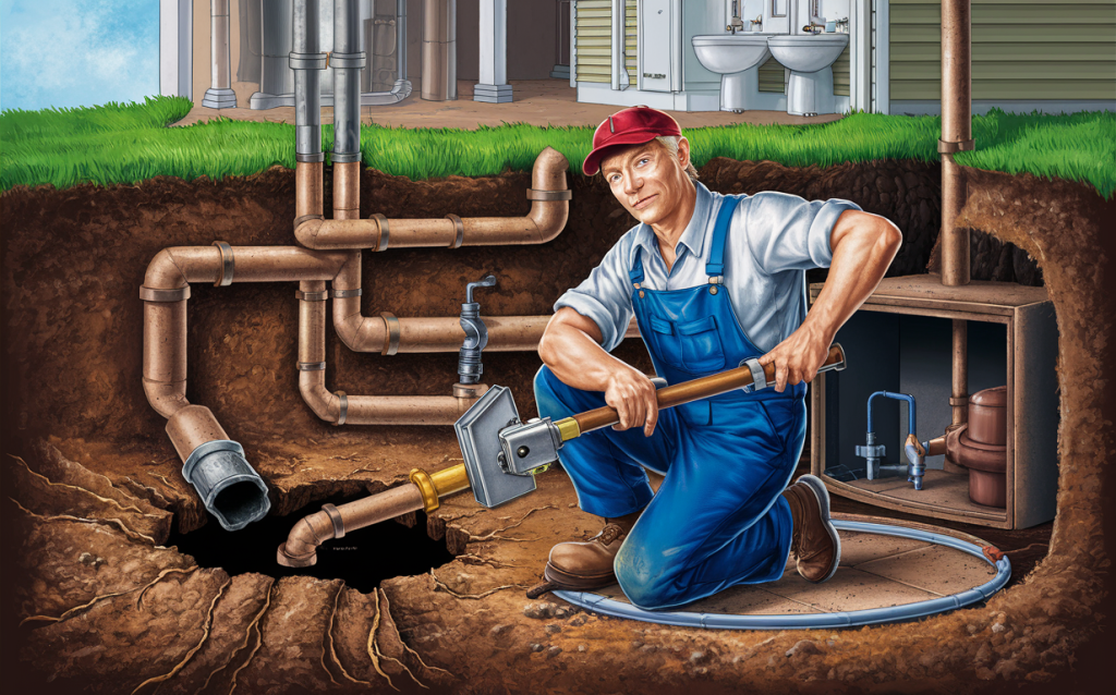 An illustration of a plumber in overalls and a red cap working on repairing underground pipes connected to a septic system, with tools and equipment beside him in a trench. Routine lift station pumping and cleaning services