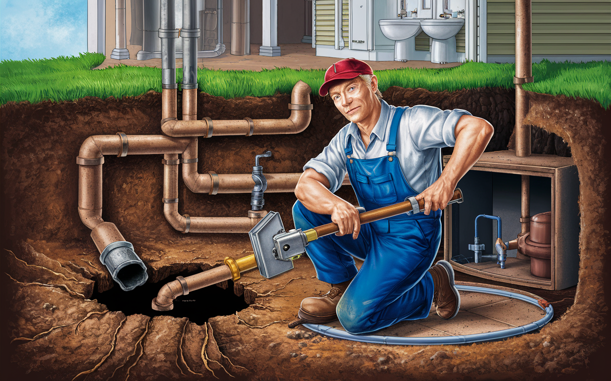 An illustration of a plumber in overalls and a red cap working on repairing underground pipes connected to a septic system, with tools and equipment beside him in a trench. Routine lift station pumping and cleaning services https://www.unitedsewerservice.com/