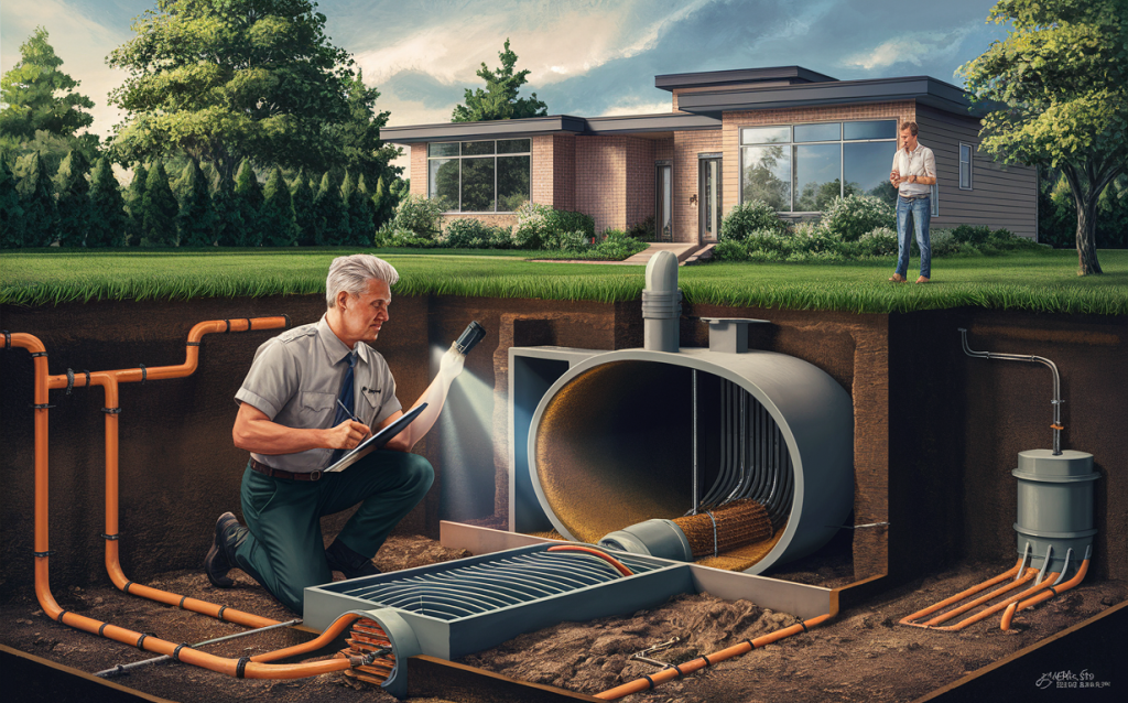 An illustration showing a septic system inspection, with a technician examining the underground pipes and tank while another person observes the process from the house.