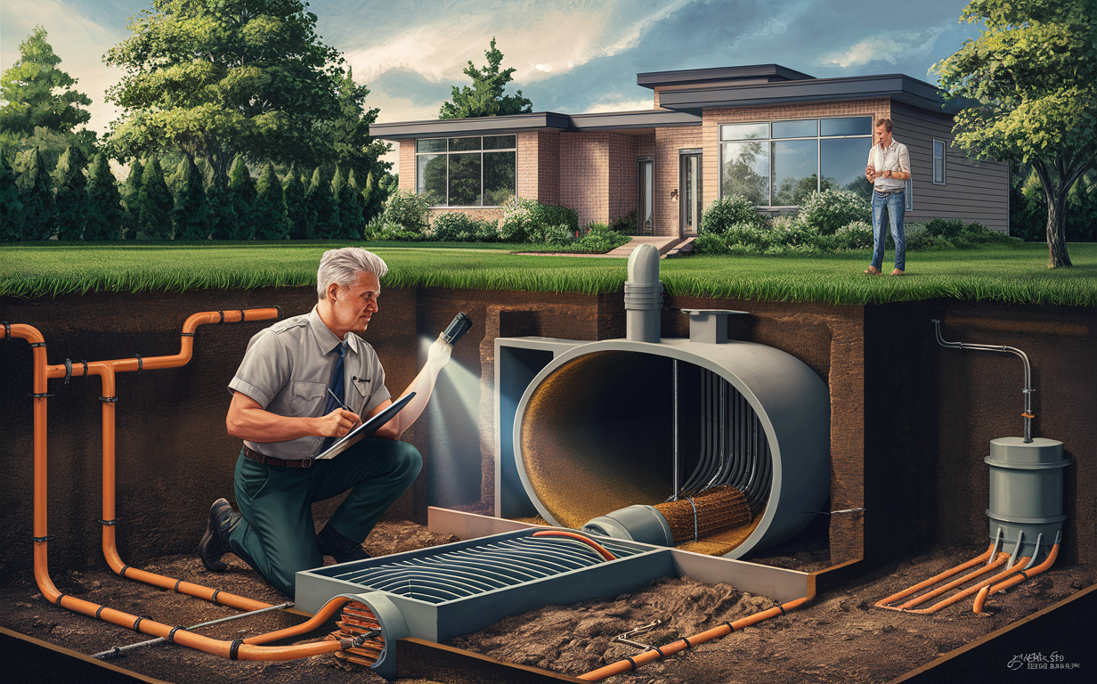 An illustration depicting a professional septic system inspection, with a technician examining the underground septic tank and drainage pipes while another person observes from the house, emphasizing the importance of regular maintenance to prevent costly repairs.