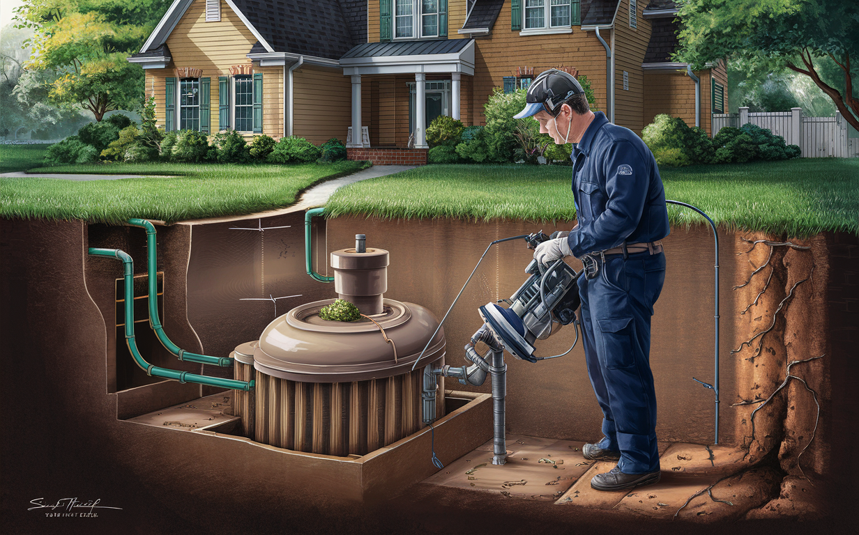 A professional contractor inspects and maintains a residential septic system, helping prevent costly repairs through regular monitoring and early detection of potential issues.