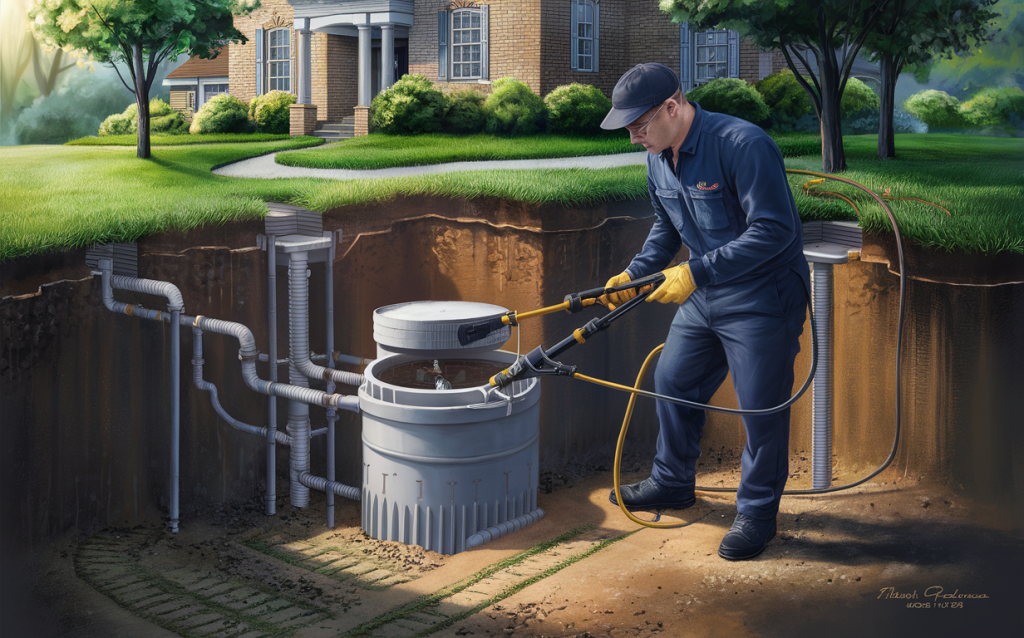 A technician in uniform is inspecting a residential septic tank system on a well-manicured property, ensuring proper maintenance to prevent costly repairs.