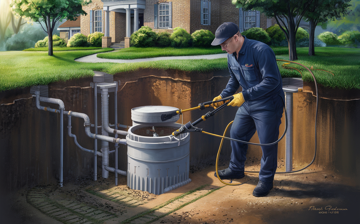 A technician in uniform inspects and maintains a residential septic system, helping prevent costly repairs through regular monitoring and early detection of potential issues.