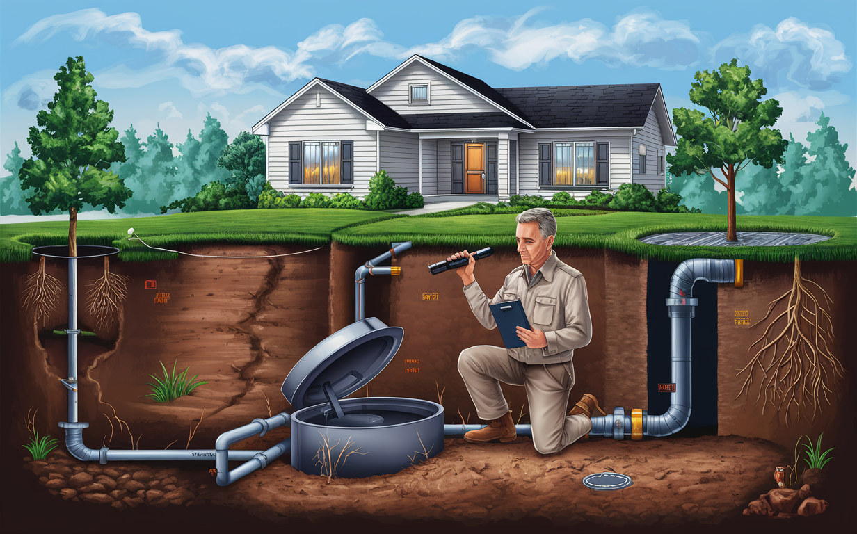 An illustration showing a professional inspecting the septic system components underground, including the septic tank, pipes, and drain field, for a residential home to detect and prevent potential issues.