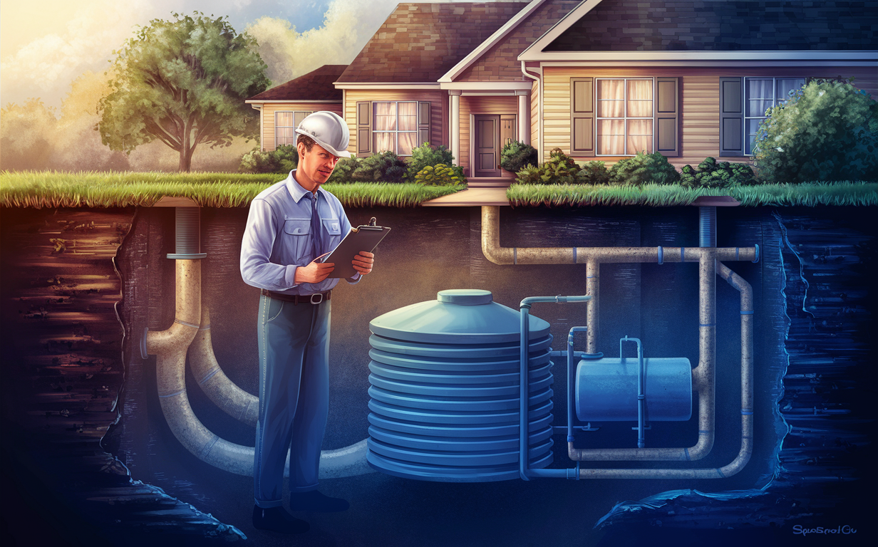 An illustration depicting an expert inspecting and maintaining a residential septic system, surrounded by lush greenery and residential buildings.