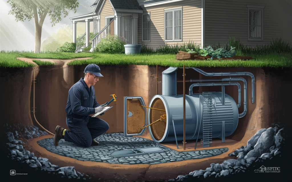 A technician in uniform inspecting and servicing a residential septic system tank and components in the backyard of a house .Drain field restoration and rejuvenation services