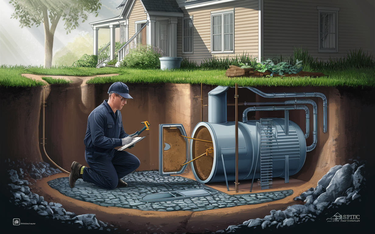 A technician in uniform inspects and services a residential septic system, ensuring its proper functioning and longevity.