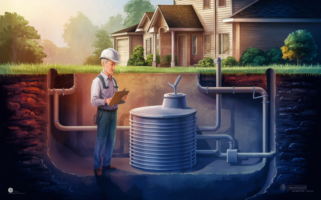 An image depicting a professional technician inspecting and maintaining a residential septic system, with a suburban home in the background.