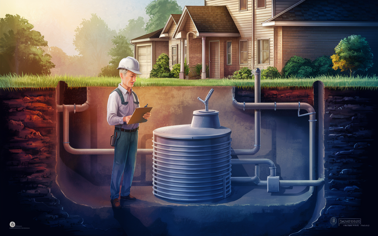 An illustration of an expert inspector examining a residential septic system, taking notes on a clipboard while standing near the septic tank and pipes.