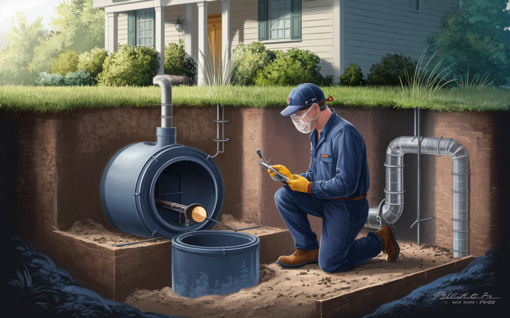 A professional technician in uniform and protective gear inspecting and servicing a residential septic system