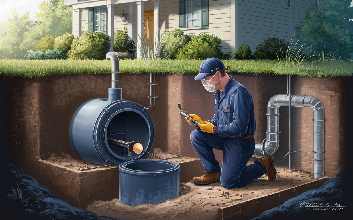 A professional technician inspecting and maintaining a residential septic system, ensuring its proper function and longevity.