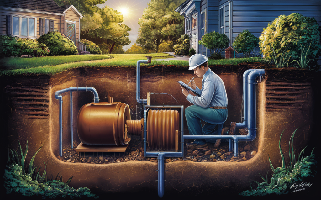 An illustration of a technician inspecting and maintaining a residential septic system, with houses in the background.