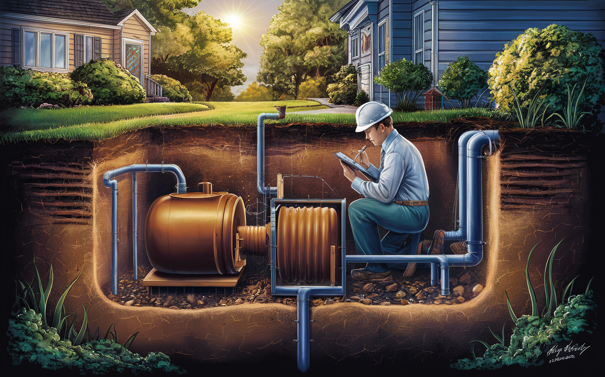 An illustration of a professional performing maintenance on a residential septic system, inspecting the septic tank and pipes in front of a suburban home.