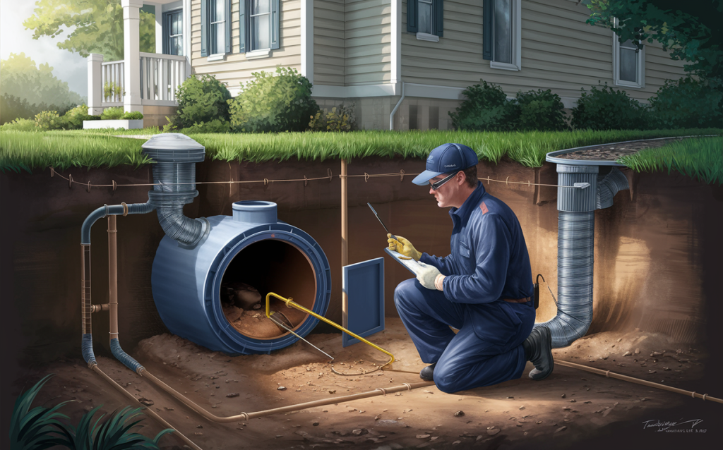 A technician in uniform inspecting and servicing a residential septic system, ensuring its proper functioning and longevity