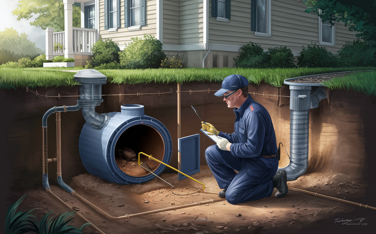 An illustration of a professional technician inspecting and maintaining a residential septic system, with a house and landscaping in the background.