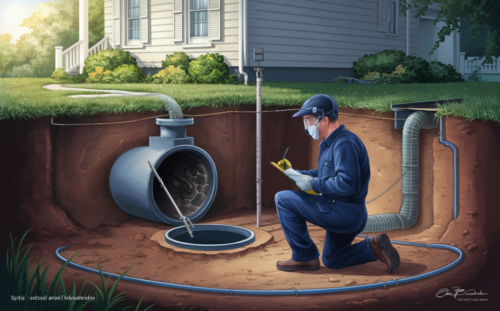 A professional wearing protective gear inspects and maintains a residential septic system, ensuring its proper functioning and longevity.