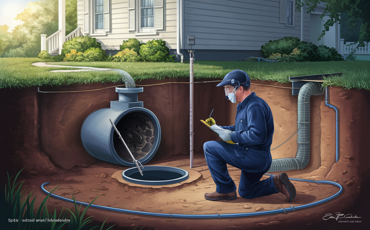 A technician in uniform wearing protective gear inspects and maintains a residential septic system, ensuring its proper functioning and prolonged lifespan.