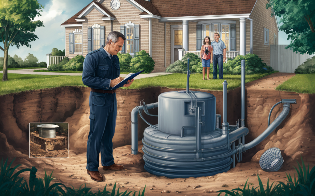 An illustration showing a professional inspecting a residential septic system to prevent costly repairs and replacements, ensuring proper home maintenance.