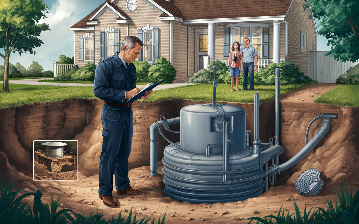 An illustration showing a professional inspecting a residential septic system installation, with a family happily observing their new home in the background, highlighting the importance of avoiding costly repairs through proper installation and regular maintenance.