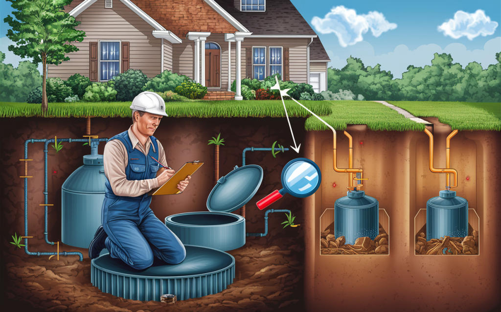 An illustration showing a professional inspecting and maintaining an underground septic system on a residential property, with the goal of avoiding costly repairs or replacements through proper care and upkeep.