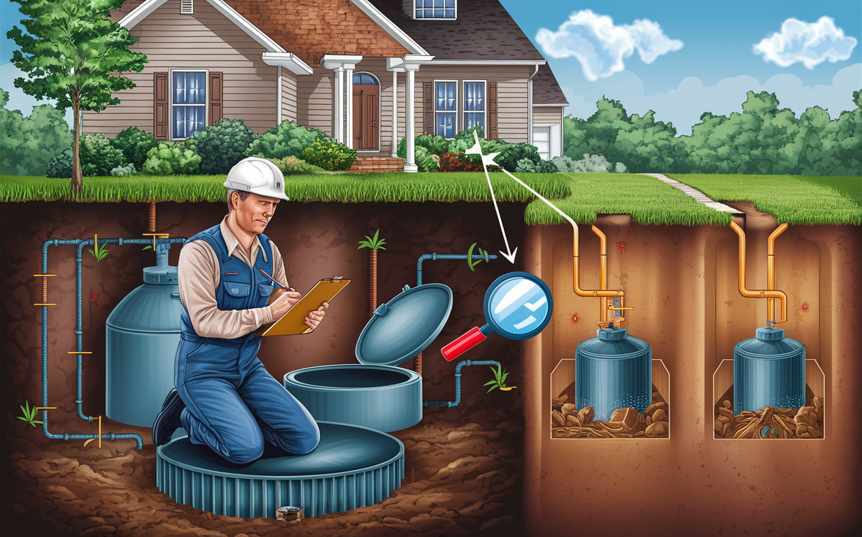 An illustration depicting a professional inspecting and maintaining a residential septic system, including septic tanks and drainage pipes underground, to avoid costly repairs and replacements and ensure proper functioning.