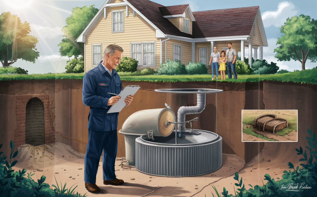 An illustration showing a septic system professional inspecting an underground septic tank while a family stands outside their house, with an inset image depicting an older septic system design.