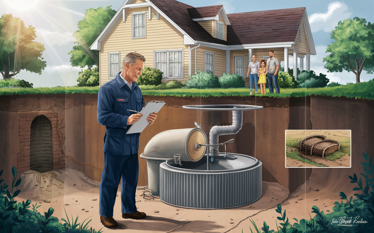 An inspector examines a home's HVAC system while a family watches from the backyard, highlighting the importance of regular maintenance to avoid costly repairs or replacements.