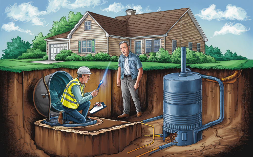 An illustration depicting a septic tank inspection, with a worker inspecting the underground septic tank and a homeowner observing the process near a residential house. troubleshooting lift station issues. factors affecting septic tank pumping frequency