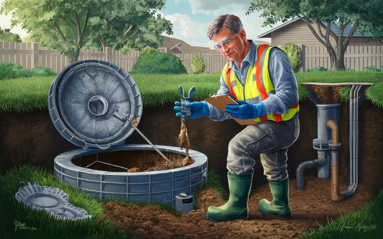 An inspector wearing safety gear is inspecting and maintaining a residential septic system by checking the tank and pipelines in a suburban neighborhood setting.