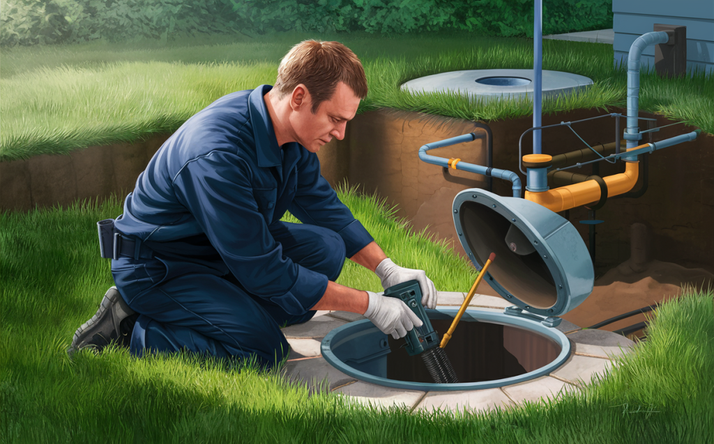 A service technician in a blue uniform inspecting and maintaining a septic tank system in a residential backyard proper waste. preventing system failures and backups with septic tank pumping