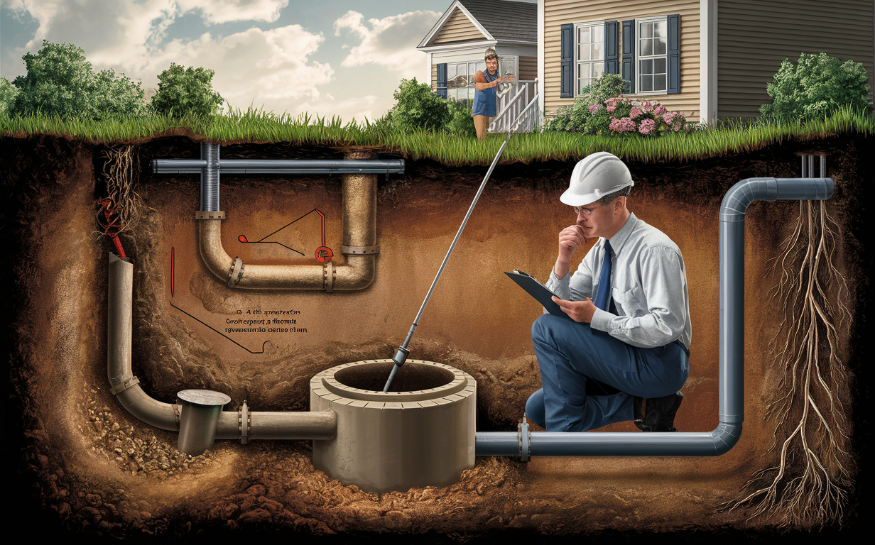 An illustration showing a professional inspector examining a septic system while a homeowner looks on, highlighting the importance of proper maintenance and inspections to identify and address potential issues with septic systems.