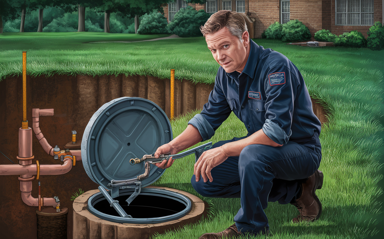 A technician in uniform inspecting and troubleshooting a septic system in a residential backyard